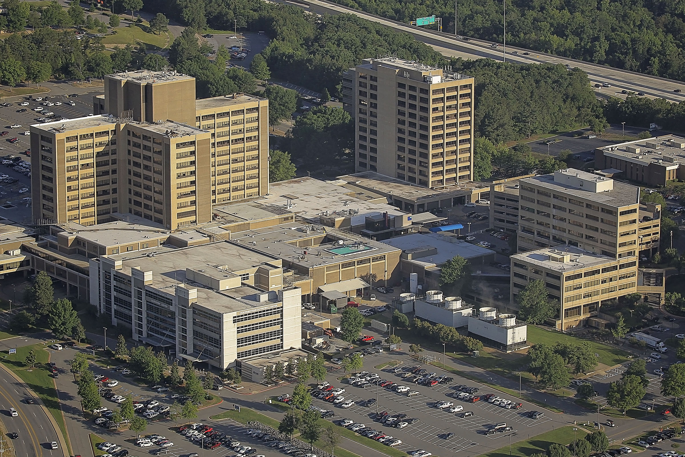 Arkansas hospital aerial view of city block